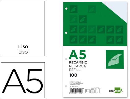 Recambio Liderpapel A5 100h 100g/m² lisas con margen 6 taladros